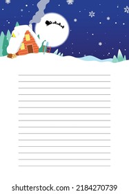 Christmas lined letter template with Winter background, cute winter cabin in snowy mountain with santa claus silhouette at moon. Christmas wish list template.