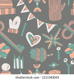 Christmas linocut hand draw pattern. Semless overlapping hygge scandinavian background. Textile, blog decoration, banner, poster, wrapping paper.