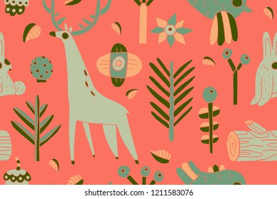 Christmas linocut hand draw pattern. Semless overlapping hygge scandinavian background. Textile, blog decoration, banner, poster, wrapping paper.