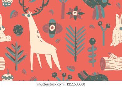 Christmas linocut hand draw pattern. Semless overlapping hygge scandinavian background. Textile, blog decoration, banner, poster, wrapping paper.