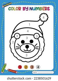 Christmas Lion Cartoon. Christmas coloring page for kids. Activity Book. Christmas color by number for kids. Activity Book.