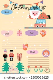 Christmas List Template, santa claus set, Vector of a party, Set of Christmas element , cute stickers, Santa letter printable, holiday list for kids, teens , and adults