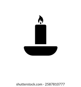 Christmas Lit Candle and Candlestick Holder Solid Flat Vector Icon Isolated on White Background.