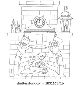 Christmas lit fireplace with clock, candles and gifts. Winter holiday illustration, Coloring page, black and white, line art, print and color, favorite holidays, I like winter