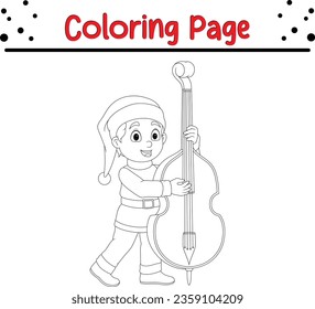 Christmas little boy red Santa clothes playing-cello coloring page. Happy Christmas coloring book for kids.