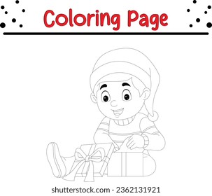 Christmas little boy winter clothes coloring page. Merry Christmas Black and white vector illustration for coloring book.