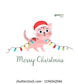 Christmas little cat with Santa's hat and light balls, Christmas vector greeting card