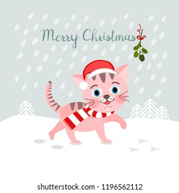 Christmas little cat in the snow with Santa's hat, Christmas vector greeting card