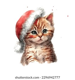 Christmas little cat watercolor in sketch style Hand drawn sketch. Vector drawing. Cute funny character. White background.