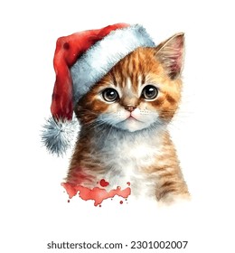 Christmas little cat watercolor in sketch style Hand drawn sketch. Vector drawing. Cute funny character. White background.