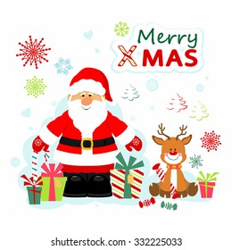 Christmas little deer and santa Claus with gifts on the snowy background