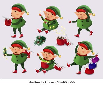 Christmas little Elf with gift presents. Cute elves in green costume set. Cute elves, Santa Claus' helpers. Vector illustration