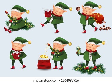 Christmas little Elf with gift presents. Set of cute elves in hat and mittens. Cute elves Santa Claus helpers. Vector illustration.