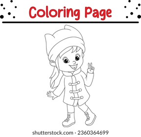Christmas little girl Coloring Page for Kids. Merry Christmas Vector illustration coloring book.