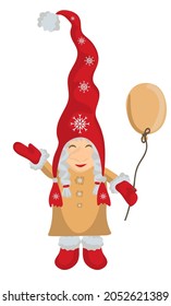 Christmas little gnome with balloon isolated on white background. Vector decoration