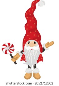 Christmas little gnome with candy isolated on white background. Vector decoration