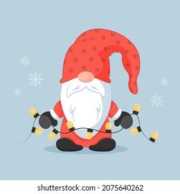 Christmas little gnome holding garland. Vector illustration in flat cartoon style. 