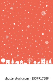 Christmas little town silhouette on red background.Happy Holidays greeting card.