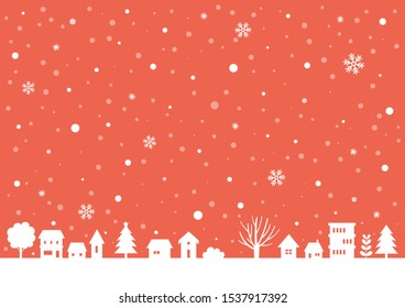 Christmas little town silhouette on red background.Happy Holidays greeting card.