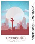 Christmas Liverpool retro poster for winter festives, New Year in UK. Greetings, happy holidays and merry xmas from England, United Kingdom vector postcard layout