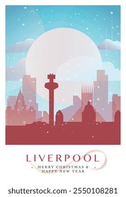 Cartaz retrô de Natal Liverpool para festas de inverno, Ano Novo no Reino Unido. Reuniões, feliz feriados e feliz xmas da Inglaterra, Reino Unido vetor postcard layout