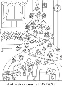 Christmas living room coloring page vector Cozy home interior outline.