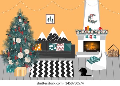 Christmas living room in cozy Scandinavian Style. Home Interior with Sofa, Fireplace, Garlands, and Winter Decorations. Holidays Flat Vector Illustration