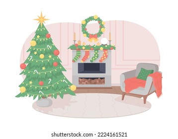 Christmas living room decor 2D vector isolated illustration. Xmas tree near fireplace flat residential composition on cartoon background. Colourful editable scene for mobile, website, presentation