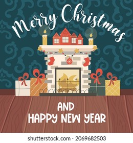 Christmas Living Room With Fireplace, Wood Floor, Patterned Wallpaper And Merry Christmas Text.Fireplace With Candles, Gifts And Garlands. Vector Illustration For Holiday Cards