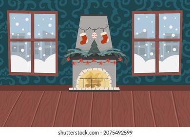 Christmas Living Room With Fireplace, Wooden Floor, Patterned Wallpaper And Snowy Windows.Fireplace With A Tree, Christmas Socks And Garlands .. Vector Illustration For A Festive Interior