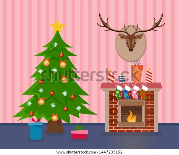 Christmas Living Room Home Interior Fireplace Stock Vector