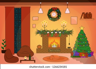 Christmas living room interior with fireplace, New Year tree, toys, gifts, wine, socks, candles, sleeping cat and falling snow outside the window. Holiday atmosphere.