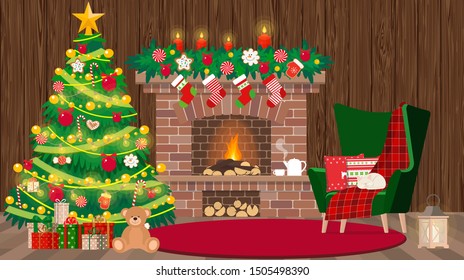 Christmas living room interior with fireplace and sleeping cat in an armchair.