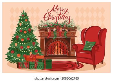 Christmas living room interior with fireplace, armchair, boxes with gifts, christmas tree and decorations. Merry Сhristmas lettering. Cozy winter vector illustration