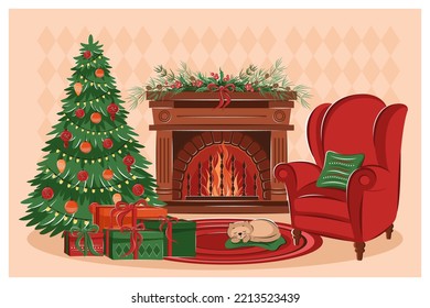 Christmas living room interior with fireplace, armchair, cat, gifts, christmas tree and decorations. Merry Сhristmas. Cozy winter vector illustration