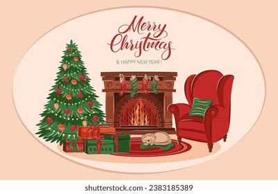 Christmas living room interior with fireplace, armchair, boxes with gifts, christmas tree and decorations. Merry Сhristmas lettering. Cozy winter vector illustration