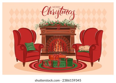 Christmas living room interior with fireplace, armchair, cat, gifts, christmas tree and decorations. Merry Сhristmas. Cozy winter vector illustration