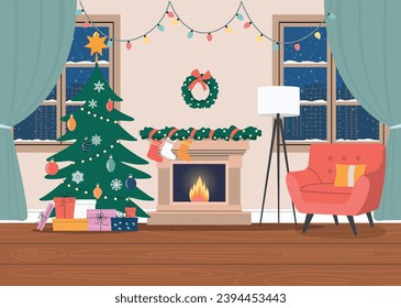 Christmas living room interior with fireplace. Vector flat  cartoon illustration