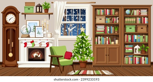 Christmas living room interior with a fireplace, a Christmas tree, an armchair, bookcases, grandfather clock, and snowfall outside the window. Cozy Christmas evening. Hand-drawn illustration, not AI