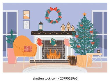 Christmas living room interior. Modern cozy and stylish apartment with furniture, christmas tree and decorations, fireplace and gift boxes. Decorative pillow and candle. Flat vector illustration