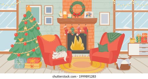 Christmas living room interior. New year home decoration, xmas tree gift boxes, dog and fireplace with socks. Cozy winter vector scene. Christmas, and new year fireplace, holiday interior illustration