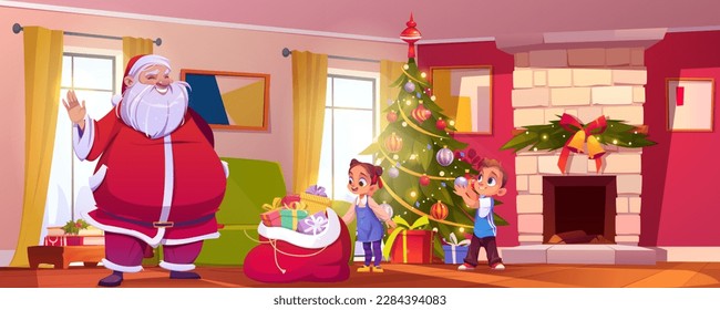 El interior de la sala de estar de Navidad con Santa Claus, niños y chimenea. Celebración de fiestas de vacaciones con árbol de navidad verde y regalo en la ilustración de la caricatura vectorial de la casa. Carácter de cuento de hadas dentro de plano