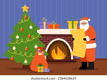 Christmas living room interior Santa Claus with red gift bag reading wish list. Christmas tree, fireplace, gift box, indoor decoration. Decor festive home. Vector illustration in flat style