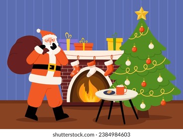 Christmas living room interior Santa Claus leaves presents. Cookies and mug of cocoa on table. Christmas tree, fireplace, stockings, indoor decoration. Vector illustration in flat style