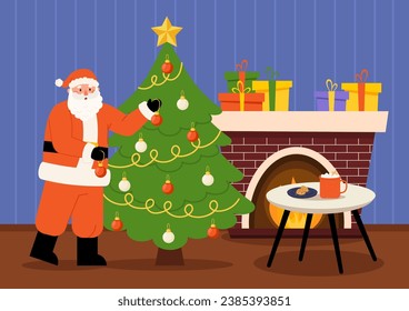 Christmas living room interior Santa Claus decorate christmas tree. Cookies and mug of cocoa on table. Fireplace, gift boxes, festive indoor decoration. Vector illustration in flat style