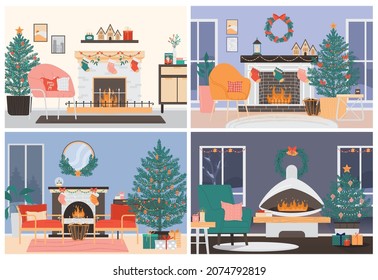 Christmas living room interior set. Modern cozy and stylish apartment with furniture, christmas tree and decorations, fireplace and gift boxes. Decorative pillow and candle. Flat vector illustration