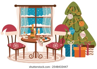 Navidades interior de la sala de estar con mesa, sillas, ventana y árbol de Navidad decorado. Vector plana ilustración de dibujos animados