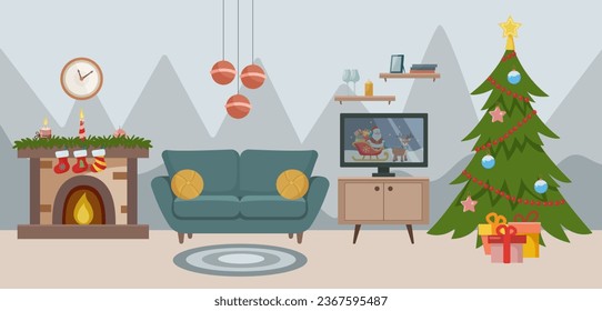 Christmas living room interior. Christmas tree and decorations. Gifts and fireplace. Wall clock, TV, TV stand. Vector illustration in flat style.