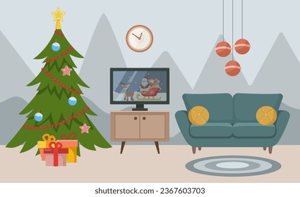 Christmas living room interior. Christmas tree and decorations.  Wall clock, TV, TV stand. Vector illustration in flat style.