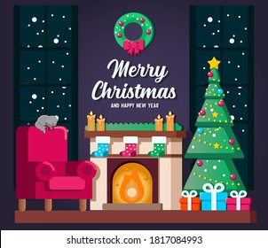 Christmas  living room interior with christmas tree,cat and gift boxes.illustration
